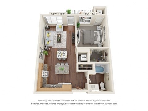 Floor plan for 1 bed, 1 bath, 723 sqft